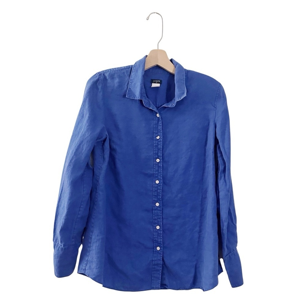 J Crew Button Up Blue Linen Long Sleeve Blouse